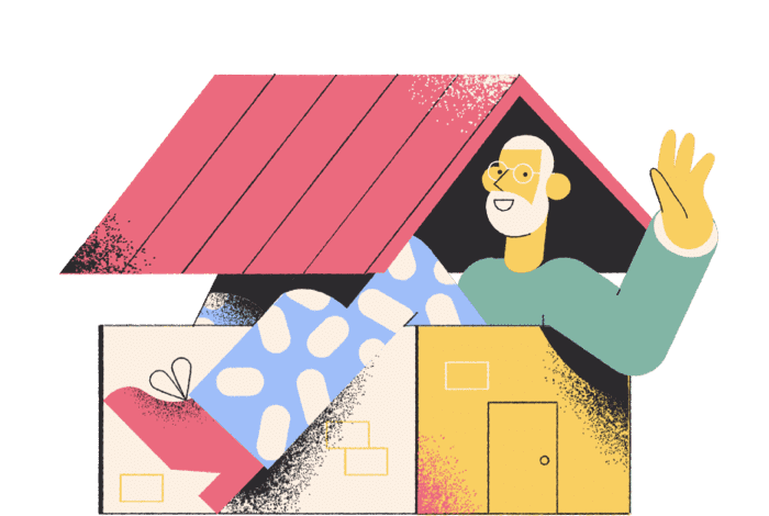 Animated man sitting in a new home
