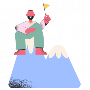 Cartoon man smiling and sitting on top of a small hill