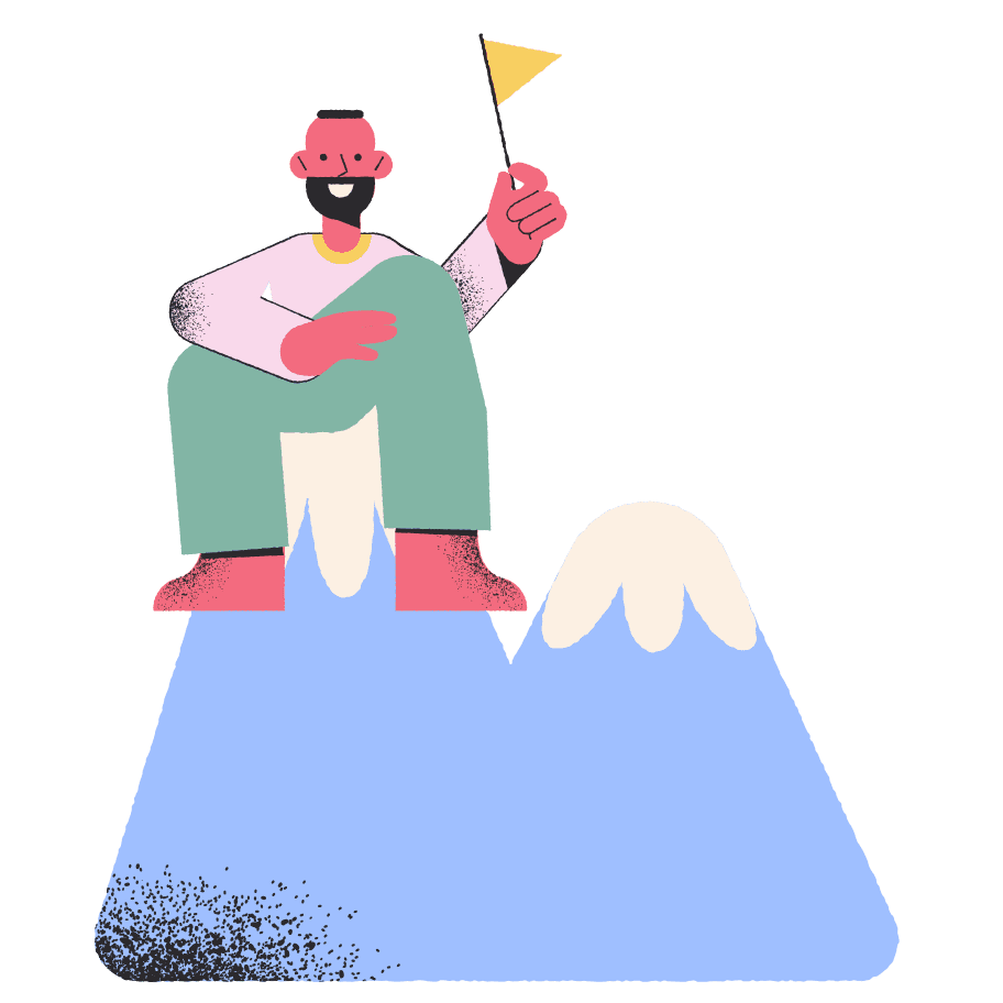 Cartoon man smiling and sitting on top of a small hill