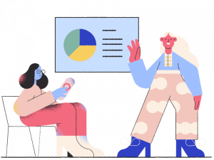 Two cartoon women looking at charts and graphs